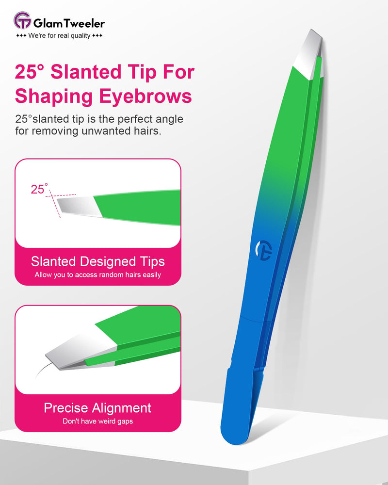 Exclusive G-01 Slant Tip Tweezers, GlamTweeler High Precison Expert Eyebrow and Facial Hair Removal Tweezer with Leather Storage & Carrying Case (Princess Blue & Green) Princess Blue & Green