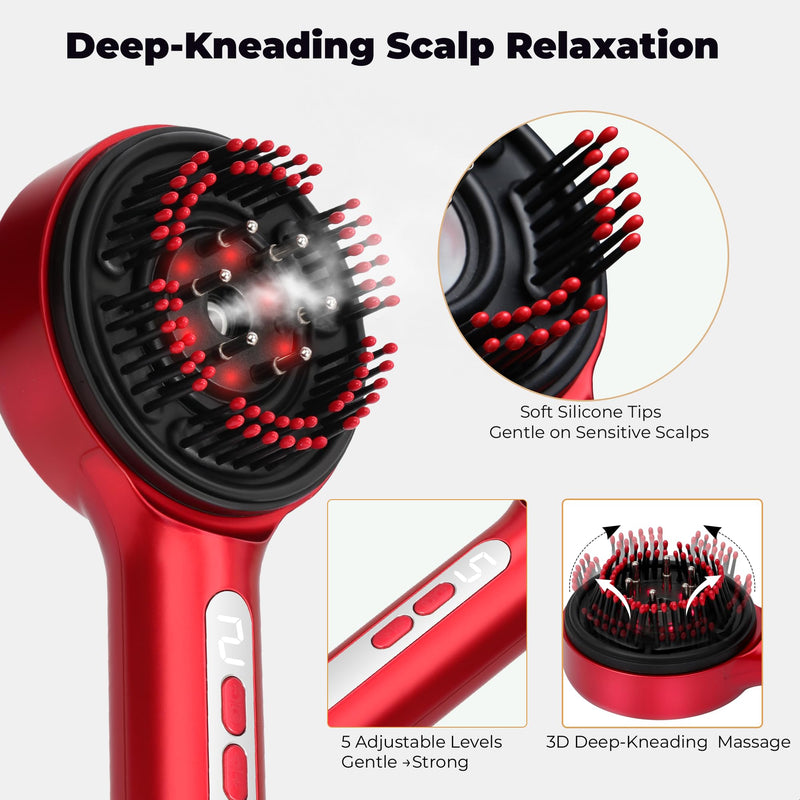 Cordless Electric Scalp Care Comb with Refillable Mist Reservoir, 72 Flexible 3D Comb Tips, 5 Intensity Levels, USB-C Rechargeable Portable Hair Care Tool for Home and Travel Red