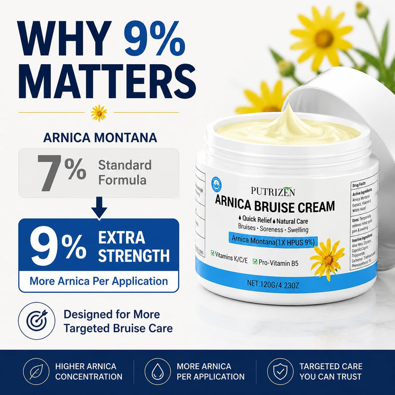 9% Extra Strength Arnica Bruise Cream for Pain & Swelling, 4.23 oz | Higher active concentration than familiar 7% formulas, plus Vitamins K, C, E & B5 in a fast-absorbing, non-greasy base