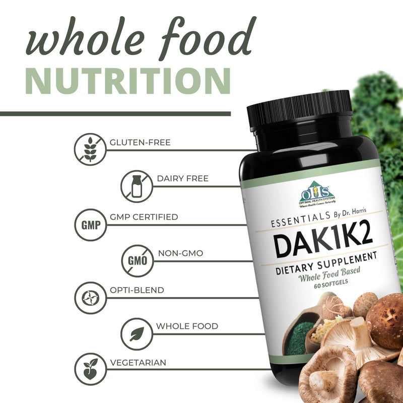 Optimal Health Systems Essential DAK1K2 Vitamins D3 A K1 K2, 60 Softgels | Vitamin D3 5000 IU, vitamins A, K1 and K2 with MK-7, immune, bone and heart support, whole food based, non-GMO, gluten-free 60 Count (Pack of 1)
