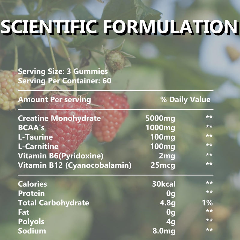 Creatine Monohydrate Gummies Complex for Men and Women 6300mg | with L-carnitine & Taurine | Build Muscle, Boost Energy | Faster Recovery | Sugar Free & Vegan | Mixberry Flavor 180Cts
