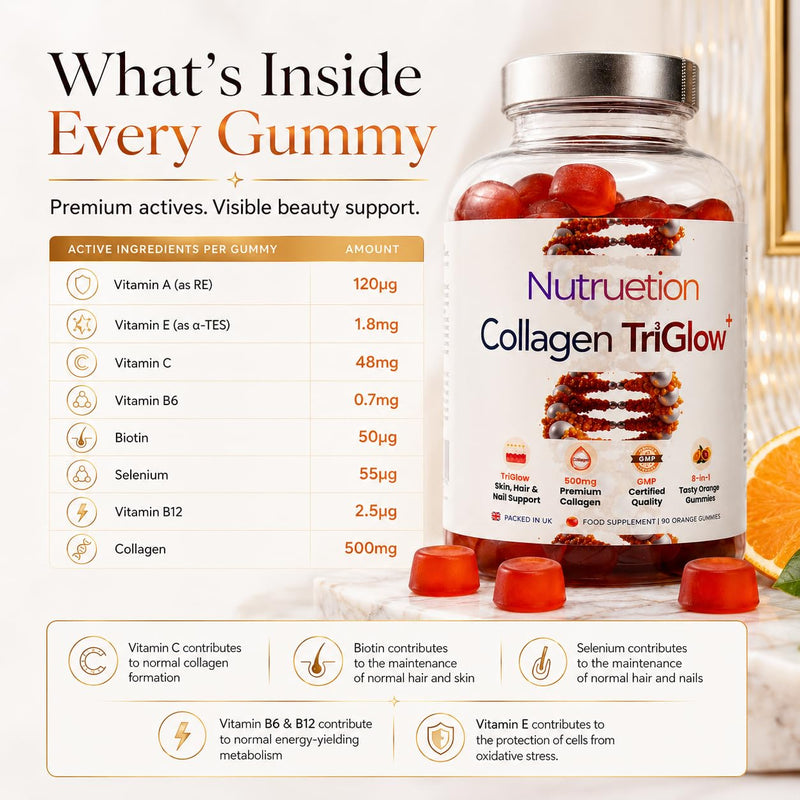 Bovine Collagen Gummies | TriGlow+ 8-in-1 Beauty Complex | 500mg Hydrolysed Bovine Collagen with Vitamin C, Biotin & Selenium | Skin, Hair & Nails Support | 90 Orange Gummies