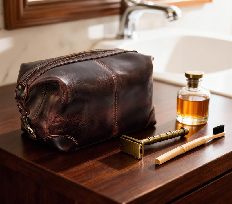 Leather Toiletry Bag for Men - Full Grain Travel Dopp Kit & Shaving Bag | Handcrafted, Spacious Compartment, YKK Zipper, TSA Carry-On, Waterproof Lining, Metal Feets, Makeup and Cosmetic Organizer Walnut Brown