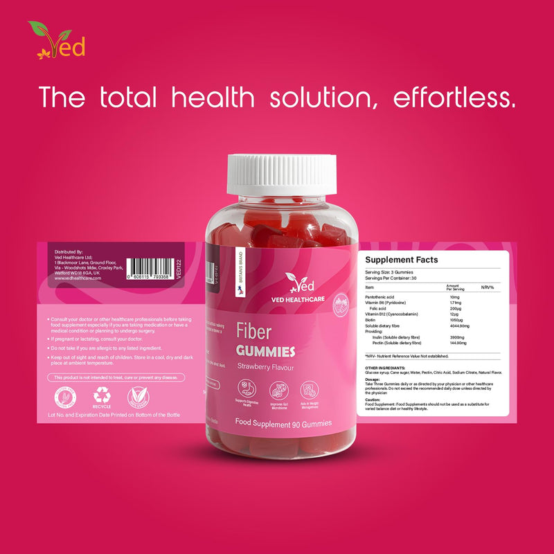 Fiber Vegan Gummies, 90 Gummies, 1 Month Supply, Strawberry Flavour, Vitamin B12 & B6, 3 Per Day, Gluten-Free - By VED