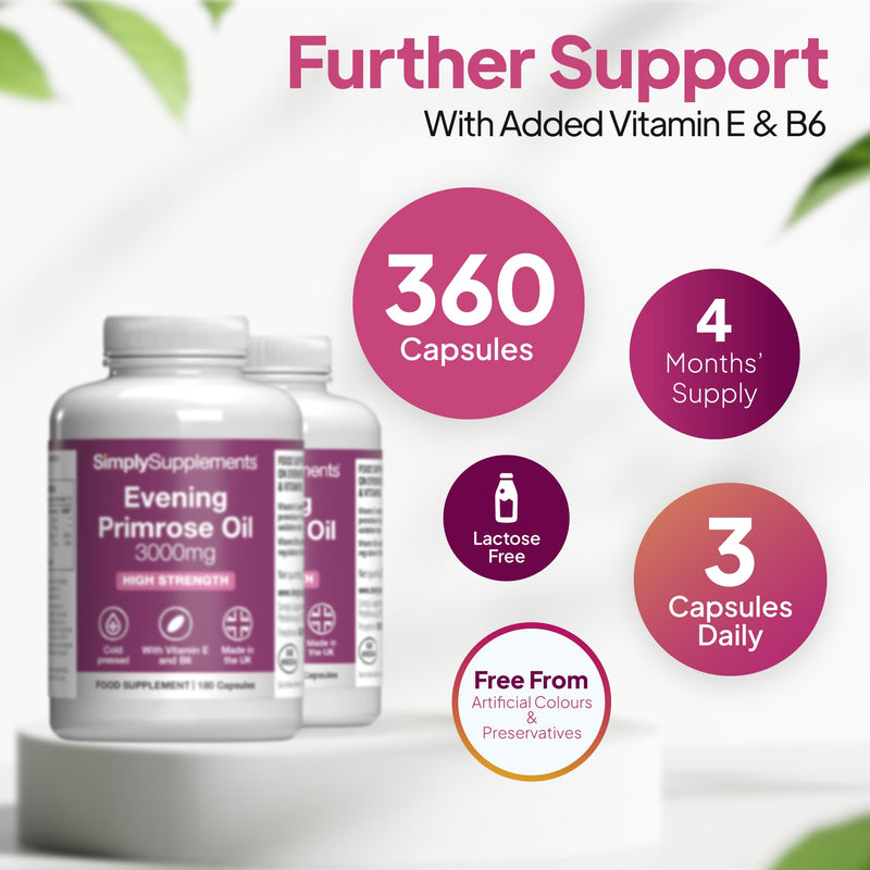 Evening Primrose Oil 3000mg Capsules | Supports Hormonal Balance & Healthy Skin | with Added Vitamins B6 & E | 360 Softgels Capsules = 4 Months’ Supply | GMP-Certified & UK-Made Unflavoured 180 count (Pack of 2)