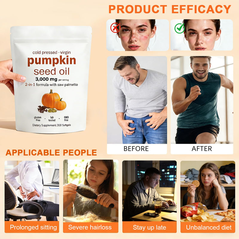 Pumpkin Seed Oil Capsules 300 Softgels, Pumpkin and SeedOil 2 in 1 for Hair Growth,Cold Pressed, Pure Virgin Oil,Good for hair health,Non-GMO,PumpkinSeed Herbal Supplement