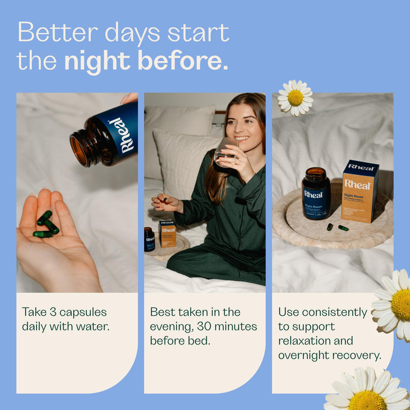 Rheal Night Reset – 90 Magnesium Capsules, Sleep Focused Formula with Magnesium Bisglycinate, Saffron, L‑Theanine & Chamomile to Support Relaxation & Restful Sleep (30 Servings)
