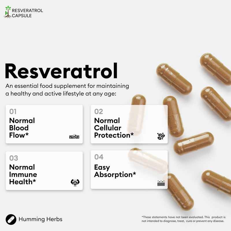 Humming Herbs Resveratrol with Quercetin, Vitamin C, Zinc & Vitamin D3-120 Vegan Capsules