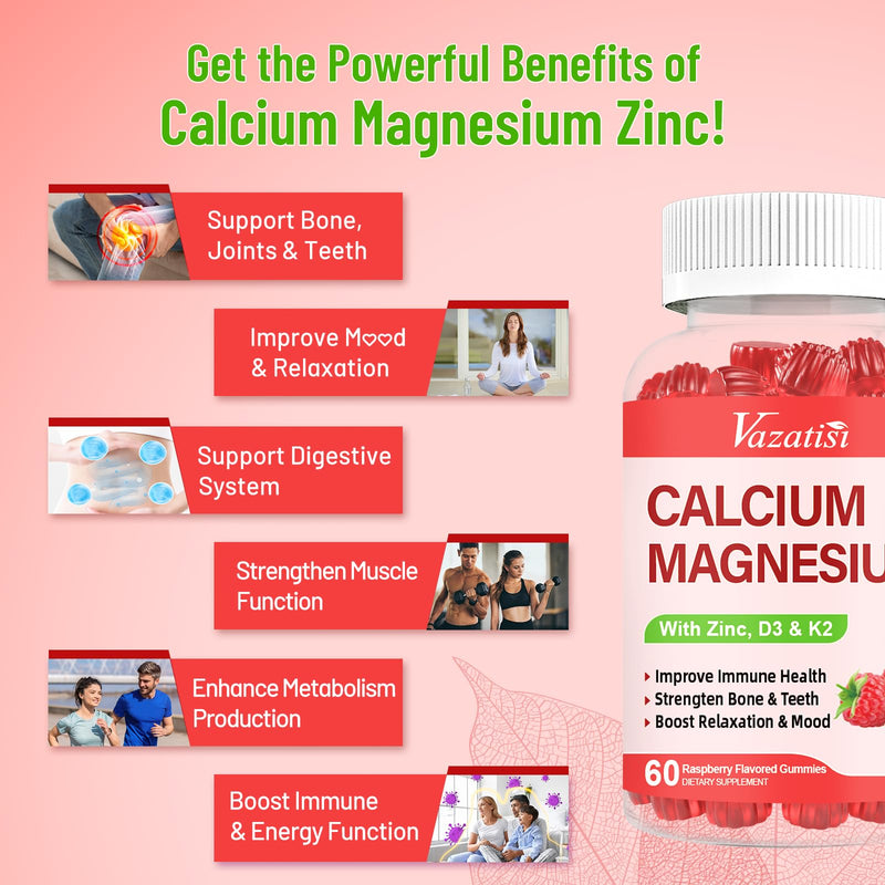 Calcium Magnesium Zinc Gummies with Vitamin D3 & K2, High Absorption Magnesium Glycinate Potassium for Immune and Calm Mood, Raspberry Flavor 60 Gummies 60 Count (Pack of 1)
