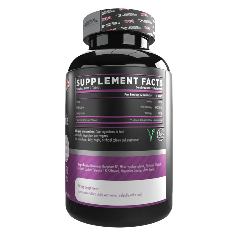 Refined Nutrition Ultra Biotin Tablets 12,000mcg – High Strength Hair Skin and Nails Supplement with Zinc & Selenium – 180 Vegan Tablets (90 Day Supply) – Made in the UK – Halal Certified