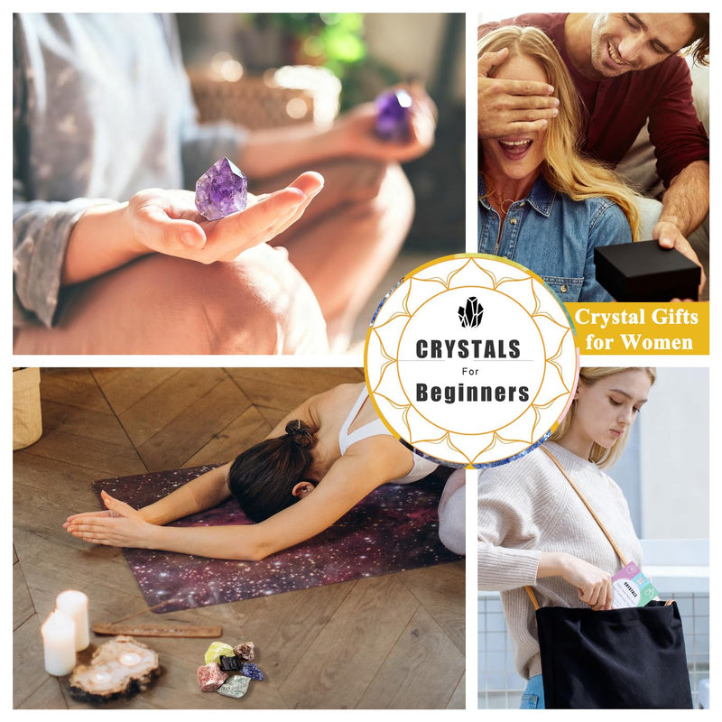 [Australia] - MAIBAOTA 17 Pcs Crystals and Healing Stones 14 Pcs Raw Healing Crystals and Chakra Stones Set Amethyst Rose Quartz Selenite Gemstones Necklace for Meditation Guide for Beginners (with Gift Box) 