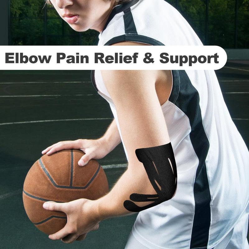 20 Count Pre-Cut Kinesiology Tape for Elbow, Precut Muscle Tapes Strips for Elbow Waterproof Breathable Hypoallergenic Latex-Free, Elastic Cotton Sports Athletic Tapes for Elbow Pain Relief & Support Black