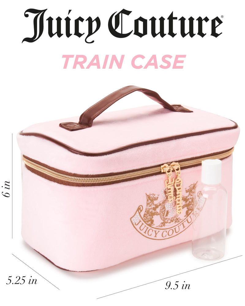Juicy Couture Pink Makeup Bag Cosmetics Organizer Travel Essentials Train Case Gold Terroir Dog Rhinestone Crown Velour