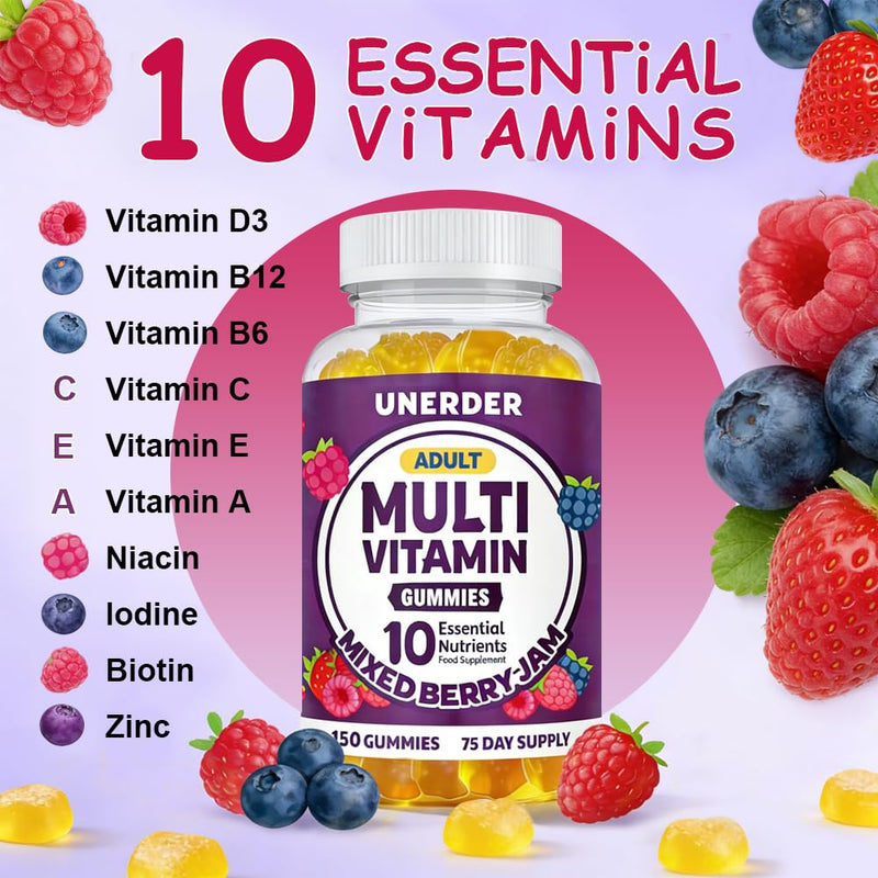 Multivitamin Gummies for Adults, Chewable Multivitamins for Men & Women, with Vitamin C, B6, B12, etc, Essential Vitamin Complex, Immune Defense and Energy Enhancement, 150 Gummies, 2.5 Month Supply.