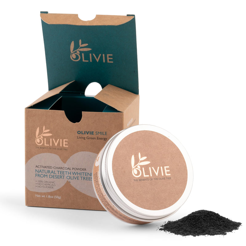 Organic Activated Charcoal Powder for Teeth Whitening by Olivie Smile, Natural Toothpaste Alternative, Desert Olive Tree Charcoal, Fluoride and Chemical Free 1.8 oz