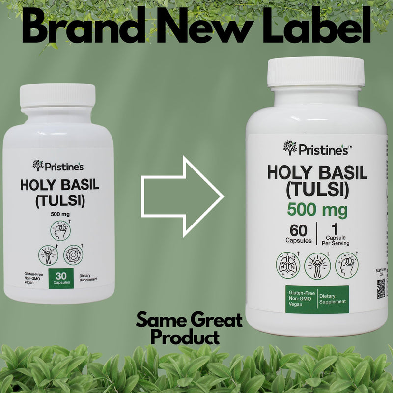 [Australia] - PRISTINE'S Holy Basil Capsules - 500 mg Gluten Free Immunity & Relaxation Support Adaptogen Supplement - 60 Day Supply - Tulsi Holy Basil Leaf Extract Capsules - Vegan - Non-GMO 1 