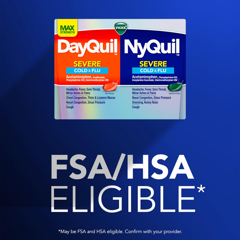 Vicks DayQuil & NyQuil SEVERE Co-Pack, Cold & Flu Medicine, Relief for Headache, Fever, Sore Throat, Minor Aches & Pains, Nasal Congestion, Sinus Pressure, Stuffy Nose, & Cough, 48ct "DQNQ Severe 48ct "