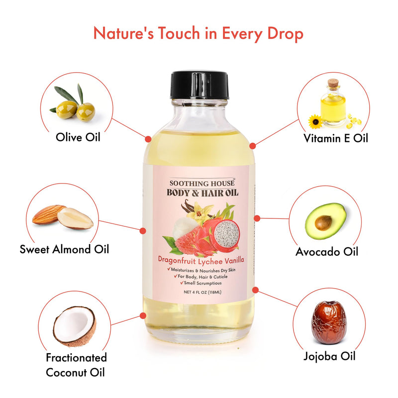 Dragonfruit Lychee Vanilla Body Oil – Hydrating & Nourishing Oil for Skin, Hair & Cuticles – Lightweight, Fast-Absorbing, Long-Lasting Fruity Floral Scent, 4 fl oz Dragonfruit Lychee Vanilla 4 Fl Oz (Pack of 1)