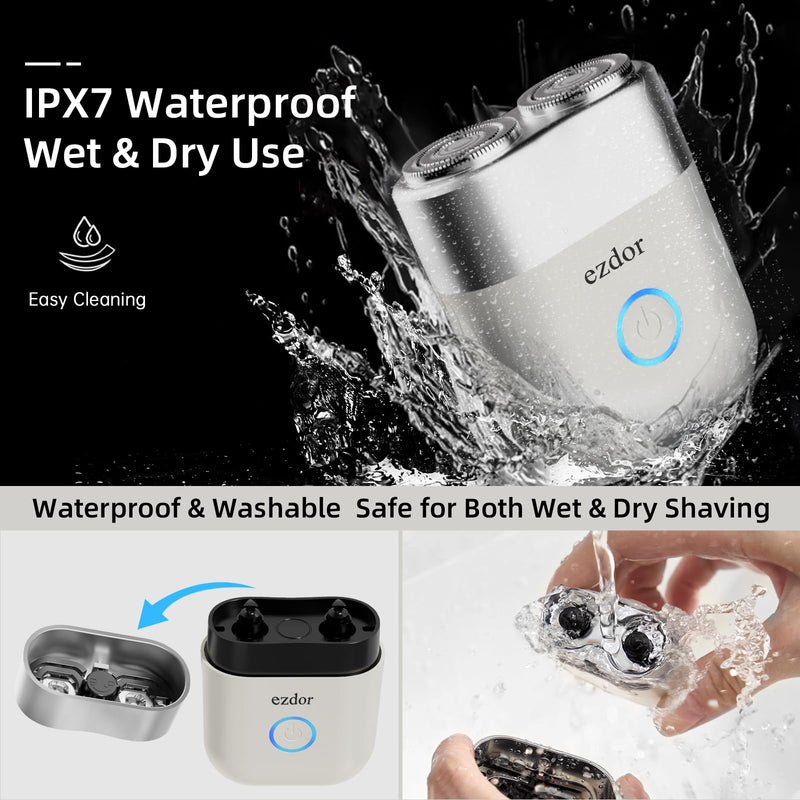 Mini Electric Shaver,Electric Razor for Men,Portable Alloy Razor, USB-C Rechargeable, Dual Blade, Wet & Dry Shaving, IPX7 Waterproof, Detachable & Easy Clean, White