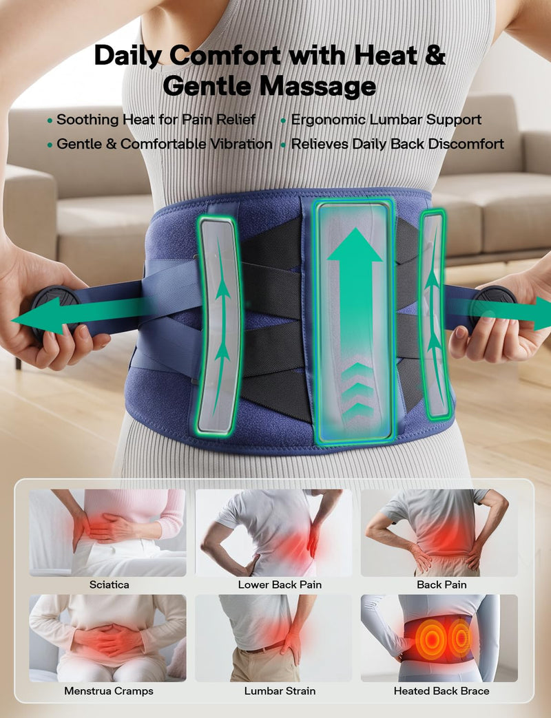 Cordless Heating Pad for Back with Massager, Wearable Portable Lower Back | 3-Way Power, 3 Heat, 5 Vibration, 3 Timers, Extension Strap and Back Brace; for Home, Office or Travel; Gifts for Women & Men