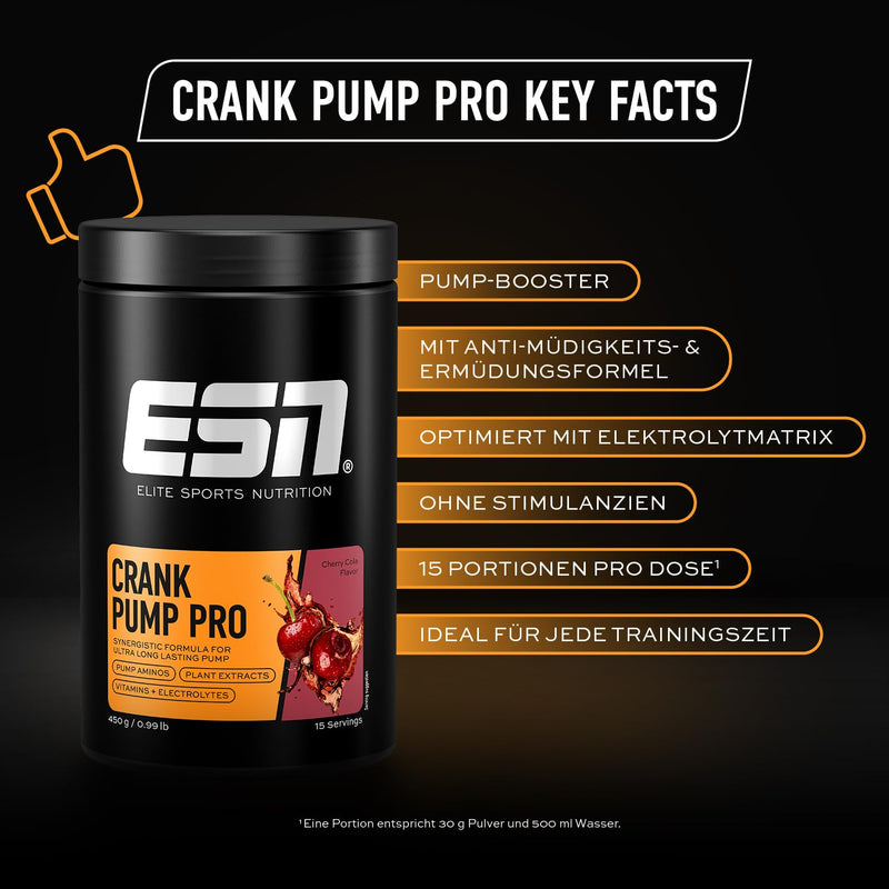 [Australia] - ESN Crank Pump Pro, Cherry Cola, 450 g, pre-workout booster, for maximum muscle pump, performance and regeneration, tested quality - made in Germany 