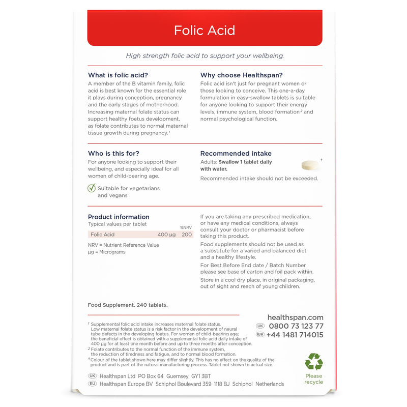 Healthspan Folic Acid 400μg | 240 Tablets | Women's Health | Vitamin B9 | High Strength Formulation | Early Pregnancy | Planning to Conceive | Vegan