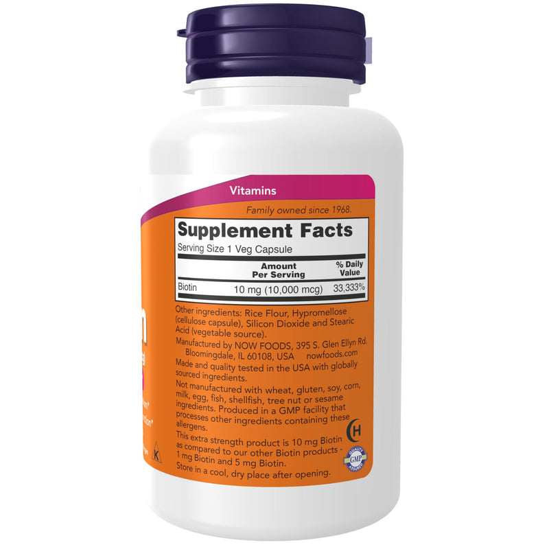 NOW Foods Supplements, Biotin 10 mg (10,000 mcg), Extra Strength, Energy Production*, 120 Veg Capsules Unflavored 120 Count (Pack of 1)