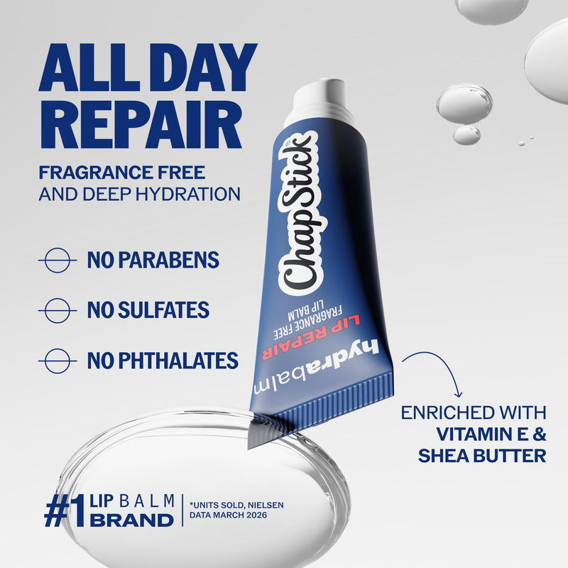 ChapStick HydraBalm Lip Balm Tubes, Fragrance-Free with Vitamin E and Shea Butter, 24 Hr Moisture, Hydrating for Severely Dry, Chapped Lips, 4-Count Pack, 0.35 oz Each