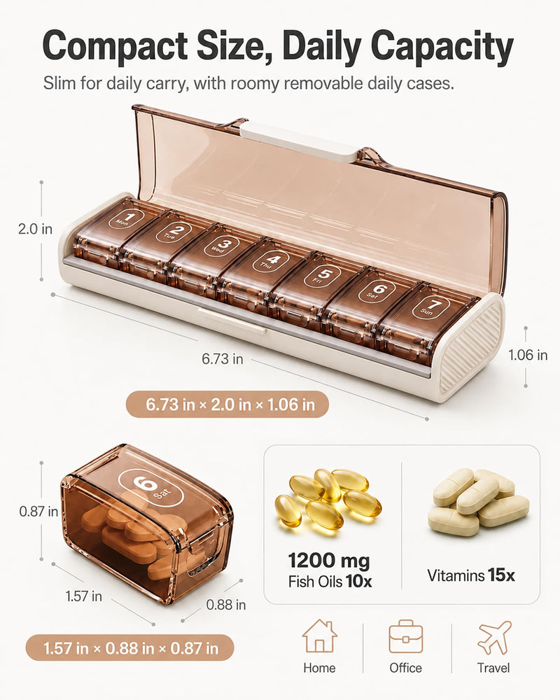 7 Day Pill Organizer, Travel Weekly Pill Box, 7 Removable Daily Cases | Travel-ready vitamin organizer with Easy Open access, BPA-Free, large capacity, Triple Moisture Protection, Brown White.
