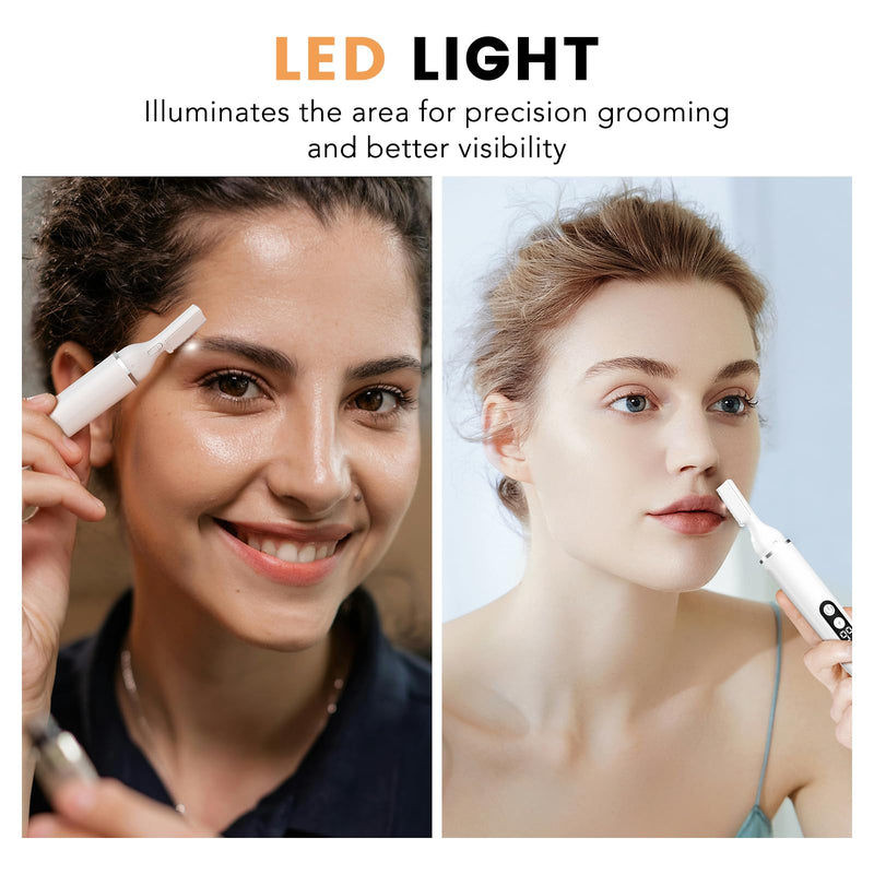 Eyebrow Trimmer Electric Eyebrow Razor with Digital Display LED Light, 2-Speed Eyebrow Shaver Rechargeable Facial Hair Remover Trimmer for Women, Painless Face Hair Removal for Upper Lip Peach Fuzz White