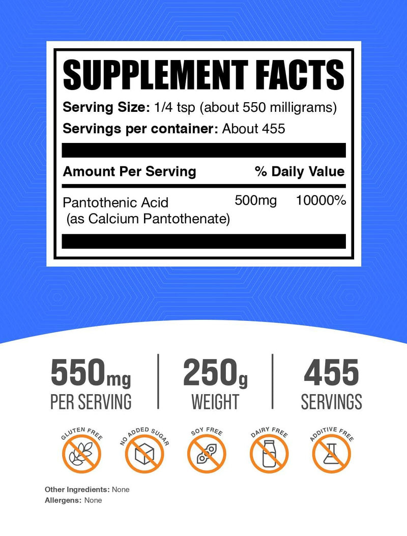 BulkSupplements.com Vitamin B5 Powder - as Calcium Pantothenate, B5 Vitamins - Gluten Free, 500mg of Vitamin B5 Pantothenic Acid per Serving, 250g (8.8 oz) (Pack of 1) 8.81 Ounce (Pack of 1)