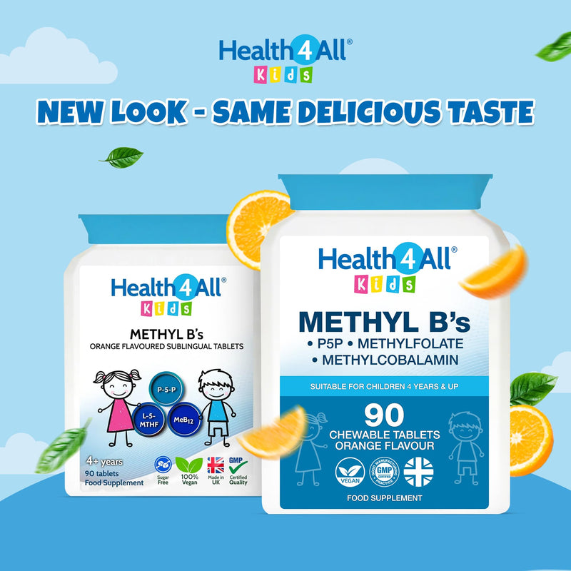 Health4All Kids Methyl B's 90 Chewable Tablets (3 Months Supply), Stress & Mood Support for Children 4+, Methylated B Vitamins B12 Methylcobalamin, 5-Methylfolate & Vitamin B6 P5P, Vegan | Made in UK 90 count (Pack of 1)