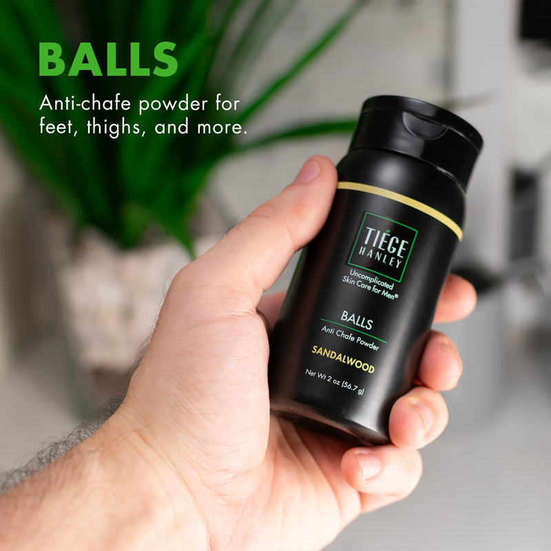Tiege Hanley Anti-Chafe Powder for Men, Sandalwood Scent, Cooling, 2 Oz | Men's Skin Care, Body Powder Deodorant for Foot, Thigh & Groin, Fresh Moisture Control, Earthy & Woody Tones