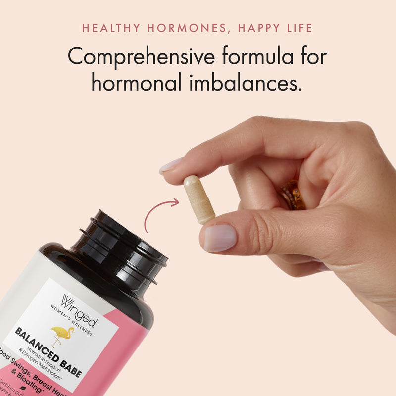[Australia] - Winged Wellness Balanced Babe | Hormone Balance & Estrogen Detox for Women | PMS Bloating, Cramps, Mood Swings & Hormonal Acne | 100mg DIM, 100mg Calcium D-Glucarate & 6 Added Nutrients | 60ct 60 Count (Pack of 1) 