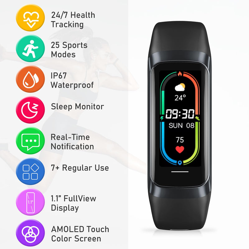 [Australia] - Fitness Tracker with 24/7Heart Rate, Blood Pressure, Sleep Tracking, Calorie, Activity Tracker with 1.1" AMOLED Color Screen, Waterproof Step Tracker for Android iPhones Women Men Black 