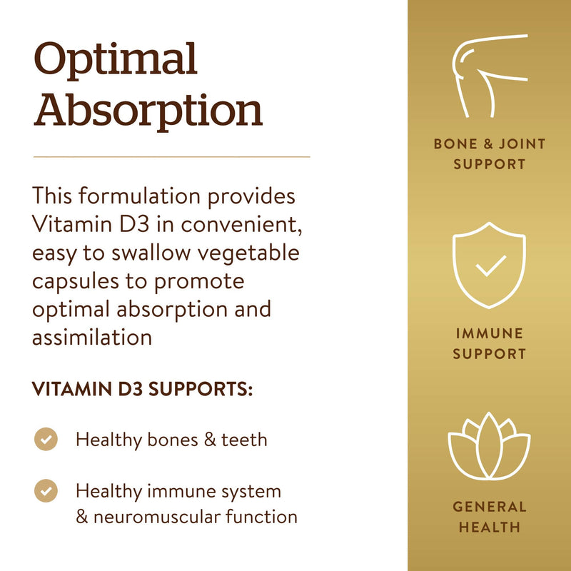 Solgar Vitamin D3 (Cholecalciferol) 125 Mcg (5000 IU), 120 Vegetable Capsules - Helps Maintain Healthy Bones & Teeth - Immune System Support - Non-GMO, Gluten Free, Dairy Free, Kosher - 120 Servings | Helps Maintain Healthy Bones & Teeth, Immune System...