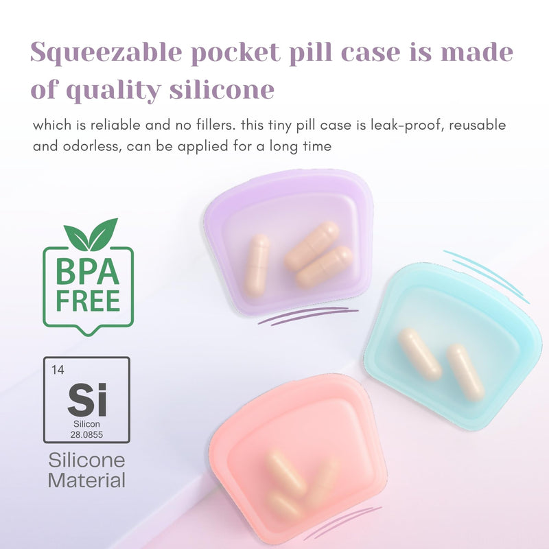 Silicone Pill Case, Portable Travel Medicine Organizer (Pink Blue Purple) | 3 pack compact pill box for vitamins, supplements & medication with waterproof, food-grade silicone design