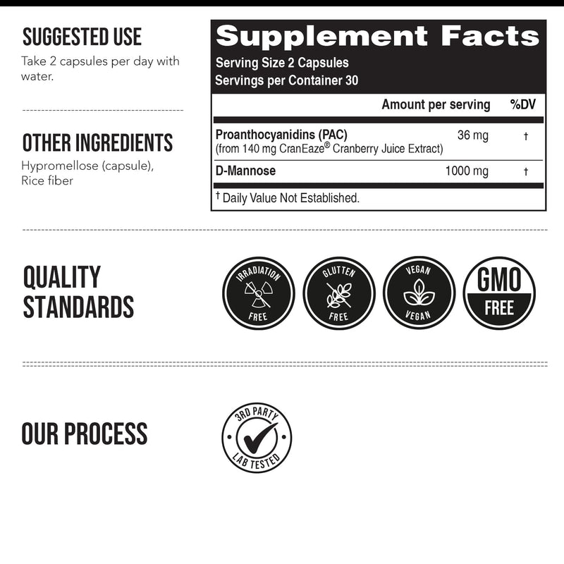 [Australia] - CranEaze®: Cranberry Juice Extract Plus D-Mannose – 36 mg PAC, 100% Soluble PAC - Supports Urinary Tract Health – Most Effective Cranberry Pills for Women, UTI Cranberry Supplement - 60 Capsules 