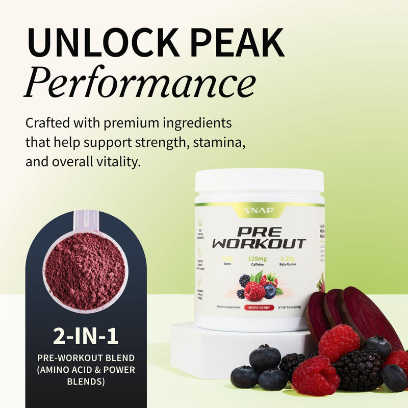 Snap Supplements Pre Workout Beet Root Powder, Nitric Oxide Supplements for Men and Women - Energy and Circulation Support, 8.8 oz, (30 Servings,1 Month Supply), Mixed Berry