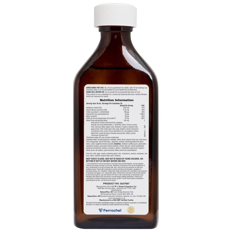 NaturesPlus Hema Plex Iron Liquid, Mixed Berry - 18 mg Elemental Iron Supplement for Total Blood Health - with Vitamin Bs, C & Bioflavonoids - Vegetarian, Gluten Free - 250 ml