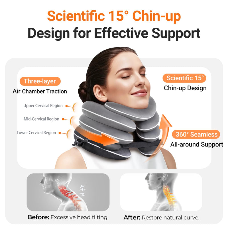 [Australia] - Built-in Inflatable Neck Stretcher, Cervical Traction Device with High-Front & Low-Back for Effective Traction and Support, Neck Decompression Devices with 3-Layer Chambers in Varied Sizes, Home Use 