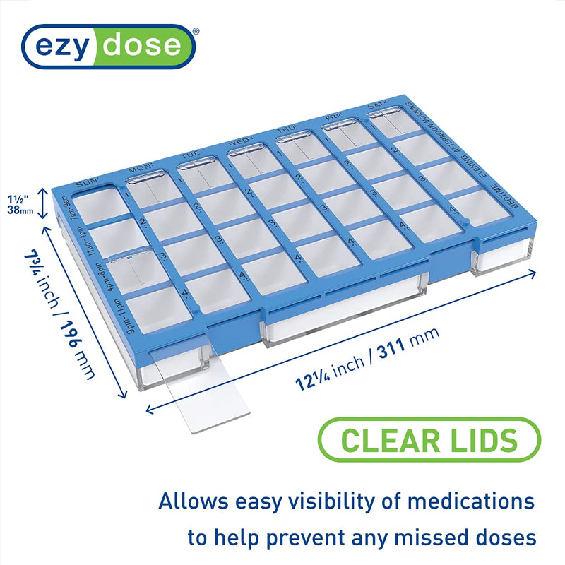 EZY DOSE Weekly AM/PM (7-Day) Daily Practidose Pill Planner, Medicine Case, Vitamin and Supplement Organizer, Large Easy Fill Compartments, 4 Times a Day, 28 Compartments, Clear Lids, Blue, BPA Free Large 12.25"x7.75"x1.5" (Pack of 1)
