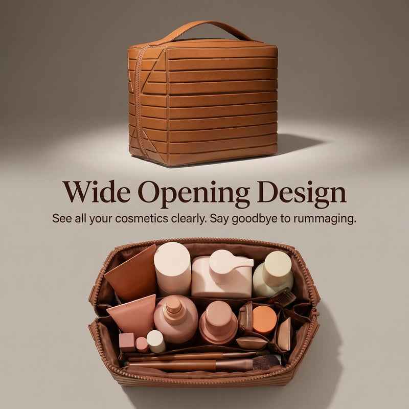 Travel Makeup Bag, Large Capacity Fold Down Cosmetic Bag for Women, Waterproof PU Leather, Pull Open Toiletry Bag with Compartments, for Skincare, Brushes & Travel Essentials (Brown) Brown