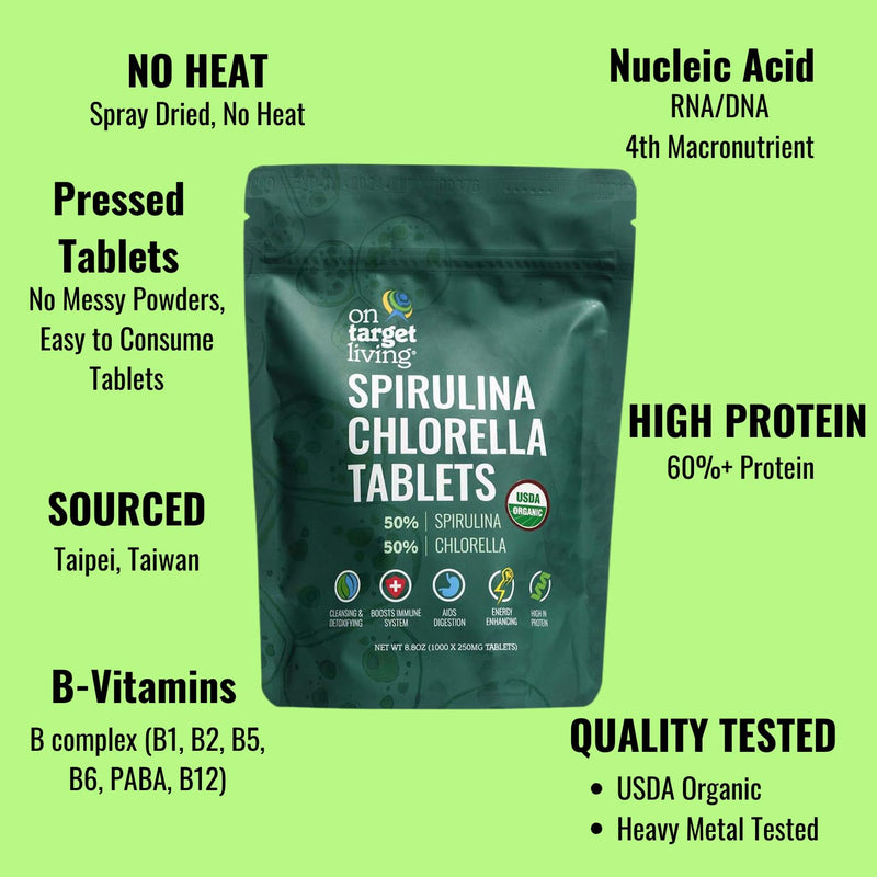 [Australia] - On Target Living Organic Spirulina Chlorella | Supergreens | USDA Organic | 1000 Tablets- 250 G (8.8 oz) | Vegan | Immune Support | Alkalyzing | Nutrient Dense | Protein Dense 