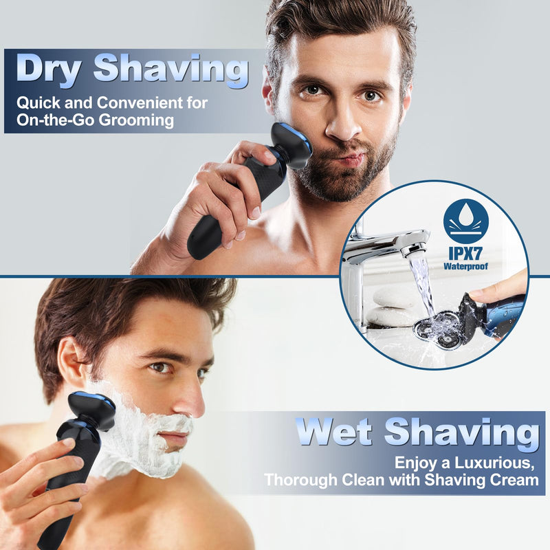Electric Razor for Men, Shaver for Men Face,Waterproof Wet Dry Electric Shavers LED Display Cordless with Rechargeable Nose Hair Trimmer and Beard Trimmer,Prtable Travel Men's Razors Led Blue