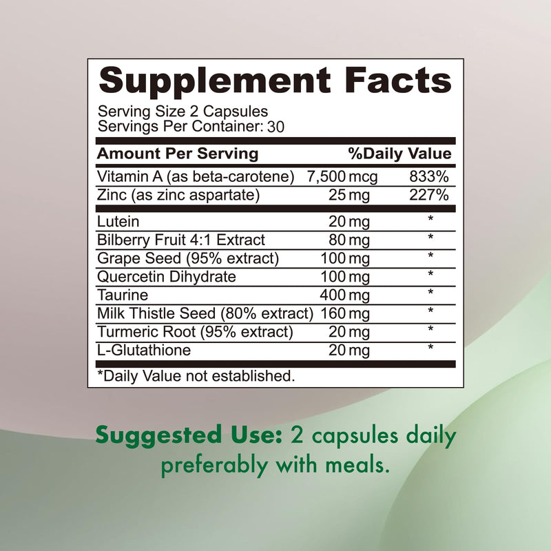 VHC Eye Vitamins with Lutein Bilberry Zinc 10 in 1 Supplements, Resveratrol Grape Seed Quercetin Taurine Milk Thistle Turmeric L-Glutathione Eyes Supplement
