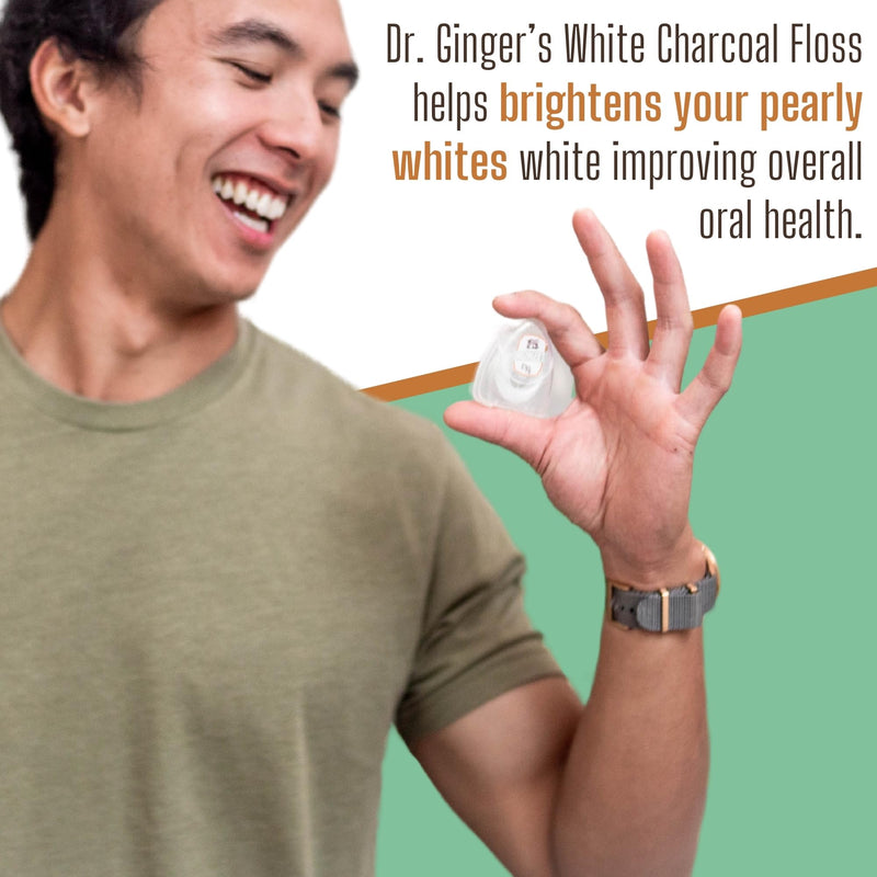 Dr. Ginger's White Charcoal Dental Floss - Flat Glide Action for Tight Teeth, Mint Flavor - 32yds, 3 pcs - Tooth Floss Infused with Coconut Oil and Xylitol - Oral Care and Plaque Removal