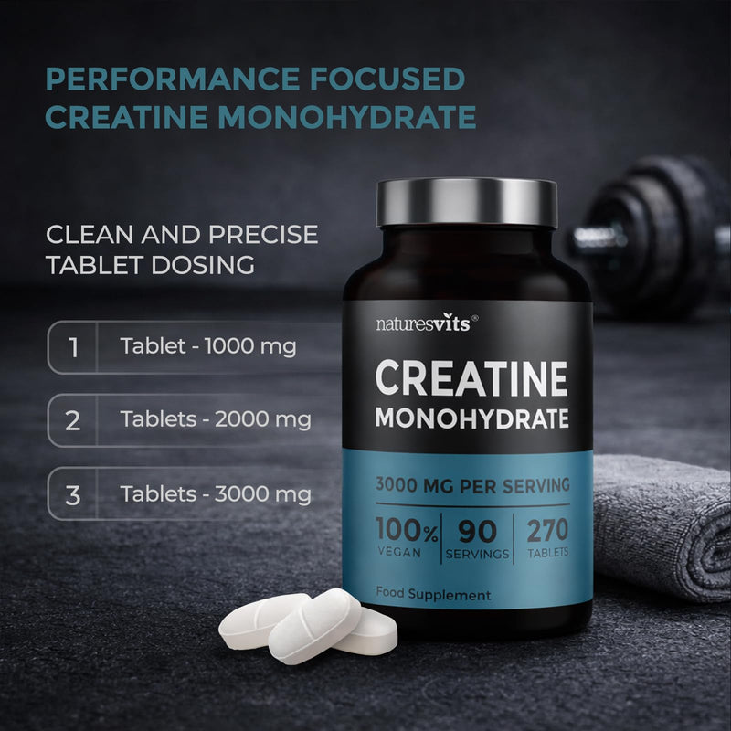 Creatine Monohydrate Tablets, 3000mg Per Serve - 270 Tablets - Gym and Nutritional Vegan Supplements for Men and Women - Post Workout Muscle Recovery - Unflavoured Formula