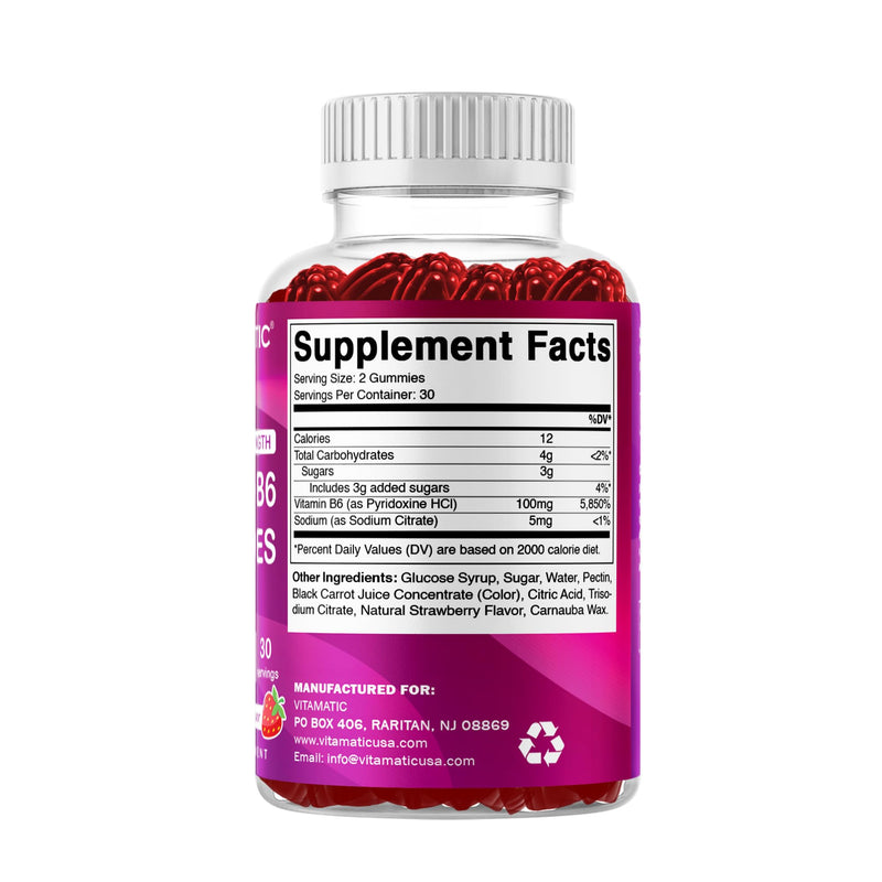 Vitamatic 2 Packs Vitamin B6 100mg Gummies – Natural Strawberry Flavor – 60 Pectin-Based Gummies per Bottle – Nervous System & Energy Support 120 Count (Pack of 1)