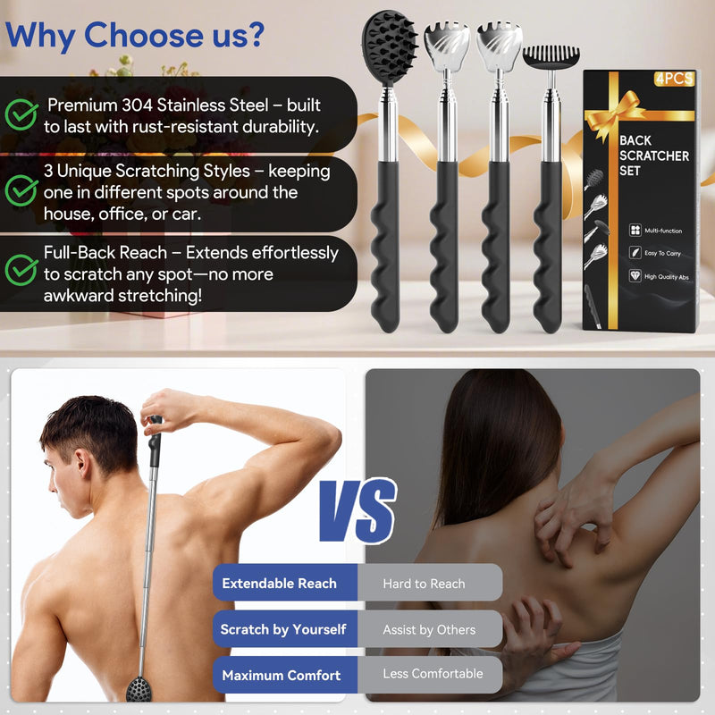 [Australia] - 4 Pack Versatile Back Scratcher, Christmas Gifts for Men, Stocking Stuffers for Men Women, Portable Telescoping with Different Heads and Rubber Handle, White Elephant Gifts for Adults - Black 